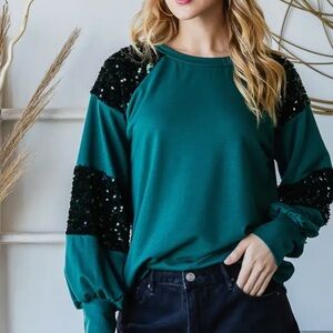 7th Ray Teal and Black Sequin Sleeve Sweatshirt